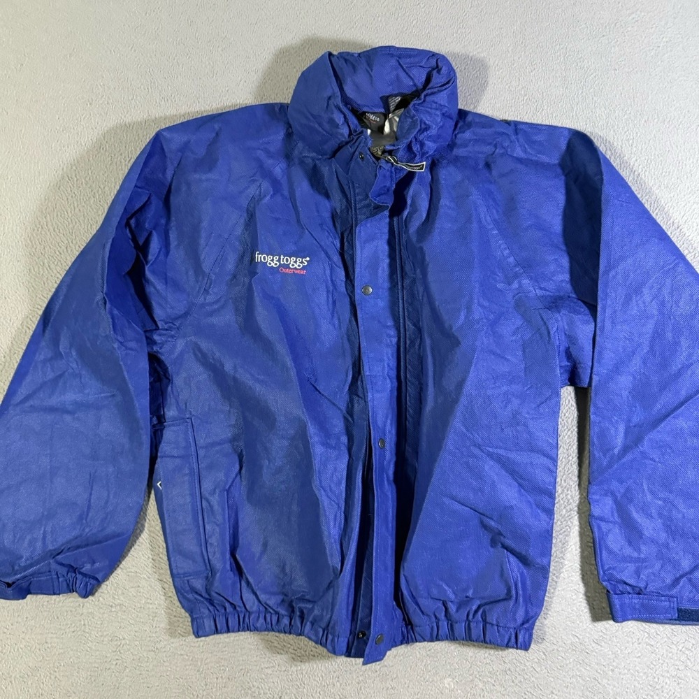 Frogg Toggs Rain Jacket Mens Medium Blue Zip Up Snap Up Hooded Lightweight